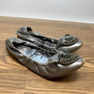 Miu Miu Camoscio Metallic Silver Crystal Studded Scrunch Ballet Flats Sz 38.5